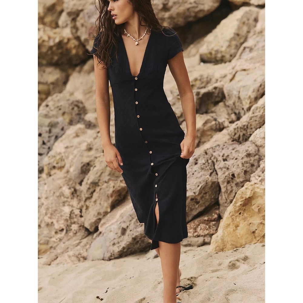 Free People Free-est Black New In Town Midi Dress V-Neck  NWT Size M